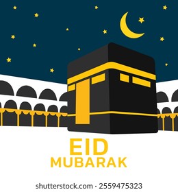 islamic greeting eid mubarak card design with beautiful crescent and ka'bah