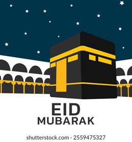 islamic greeting eid mubarak card design with beautiful crescent and ka'bah