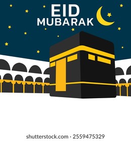 islamic greeting eid mubarak card design with beautiful crescent and ka'bah