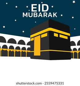 islamic greeting eid mubarak card design with beautiful crescent and ka'bah