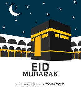 islamic greeting eid mubarak card design with beautiful crescent and ka'bah