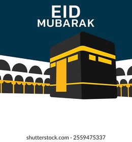 islamic greeting eid mubarak card design with beautiful crescent and ka'bah