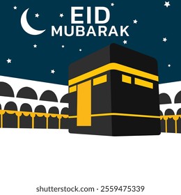 islamic greeting eid mubarak card design with beautiful crescent and ka'bah