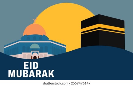 islamic greeting eid mubarak card design with beautiful ka'bah and mosque al aqsa.