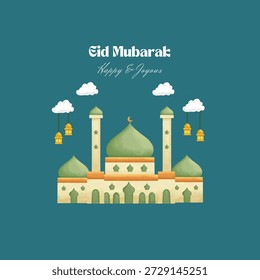 Diseño islámico de la tarjeta del saludo Eid Mubarak con la media luna y la linterna hermosas