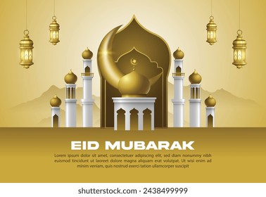 Islamischer Gruß eid Mubarak Design Hintergrund, Vorlage mit schönen Laternen und Halbmond
