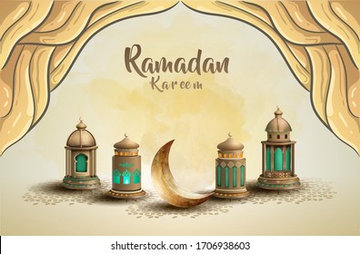 diseño de tarjetas ramadan de saludos islámicos con hermosas linternas de oro y creciente