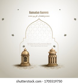 Islamic greeting ramadan kareem card design with beautiful golden lantern