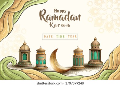 plantilla de diseño de tarjetas ramadan kareem de saludo islámico con hermosos farolillos y luna creciente