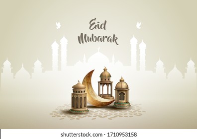 Islamic Greeting Ramadan Kareem Card Design Background With Beautiful Lanterns And Crescent