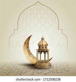 islamic greeting ramadan kareem card design template with beautiful golden lantern and crescent