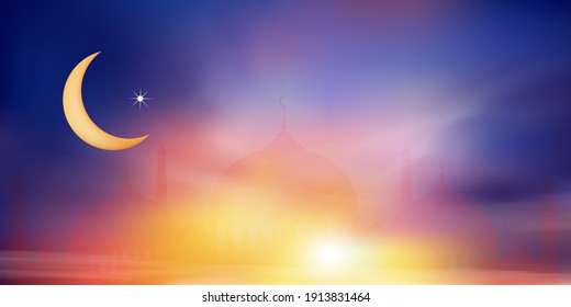 Islamic greeting ramadan kareem card design background with Crescent moon and Mosque on colourful sunset sky background, Background with copy space for celebration of the Muslim community festival