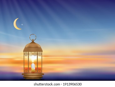 Islamic greeting Ramadan Kareem card design background with Crescent moon and Lantern on colourful sunset sky background, Background with copy space for celebration of the Muslim community festival