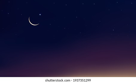 Islamic greeting Ramadan Kareem card design background with Crescent moon on beautiful sunset sky background, Vector religions symbolic of Islamic or Muslim for Ramadan Kareem,Eid Mubarak,Eid al Adha 