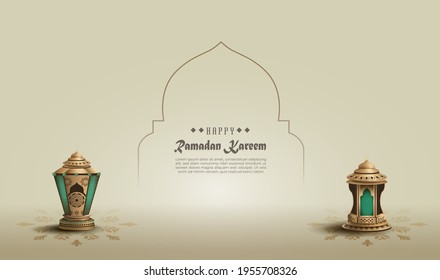 islamic greeting ramadan kareem card design with two gold lanterns