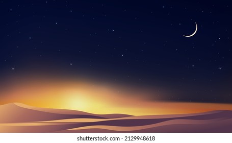 Islamic greeting Ramadan Kareem card design background with desert landscape sand dunes,Crescent moon and star in dark night,Vector religions symbolic of Islam or Muslim for Eid Mubarak, Eid al fitr