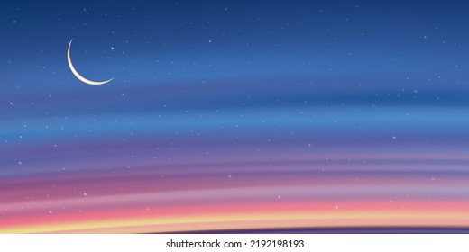 Islamic greeting Ramadan Kareem card design background with Crescent moon on colourful sunset sky background,Vector religions symbolic of Muslim for Ramadan Kareem,Eid Mubarak, Eid al adha.Eid al fitr