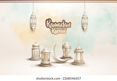 islamic greeting ramadan kareem card design with beautiful white lanterns and crescent