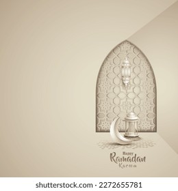 islamic greeting ramadan kareem card design with beautiful lantern and crescent moon