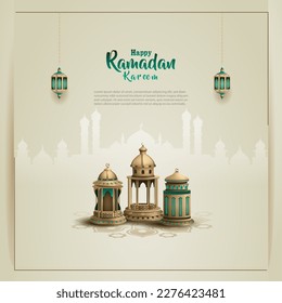 Islamic greeting ramadan kareem card design with lanterns