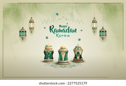 islamic greeting ramadan kareem card design with beautiful lanterns