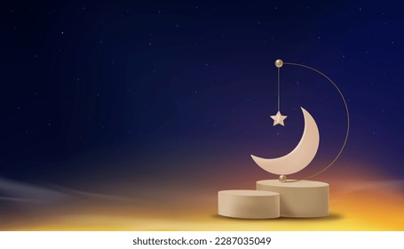 Islamic greeting Ramadan Kareem card design background with Crescent moon on colourful sunset sky background,Vector religions symbolic of Muslim for Ramadan Kareem,Eid Mubarak, Eid al adha.Eid al fitr