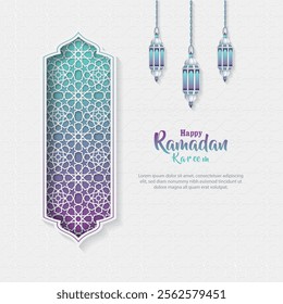 islamic greeting ramadan kareem card with three lanterns and luxury islamic decorative ornament background