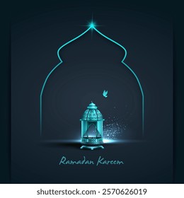 islamic greeting ramadan kareem card design template with beautiful blue lantern