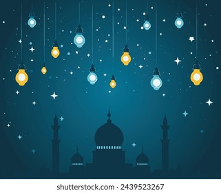 Islamic Greeting  Ramadan kareem with golden And Blue lights ,islamic ornate greeting card vector.Happy Islamic New Year Card Concept with Arabic Lantern Design Vector Illustration.