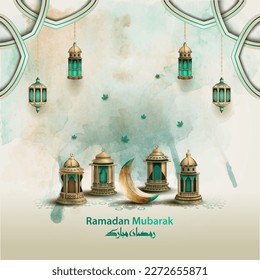 diseño de tarjetas de saludo islámico ramadan mubarak con aroma y linternas