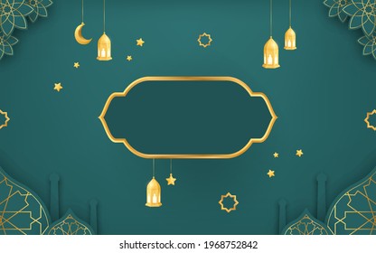 Islamic Greetings Banner with space for text. Luxury elegant banner for eid al fitr, ramadan sales, greetings card, idul fitri. Crescent, lamp, lantern, stars, mosque.