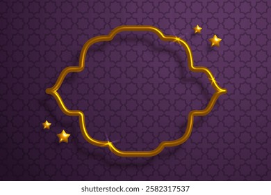 Islamic greetings banner template with golden frame and stars on violet. Luxury elegant background for eid al fitr or ramadan sales