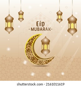 Islamic greetings card design with crescent and lantern Premium Vector
