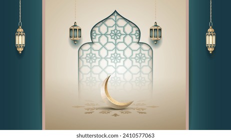 islamic greetings card with lanterns and crescent 