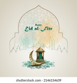 Islamic greetings eid al fitr card design with lantern and crescent