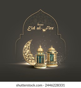diseño de tarjeta de felicitación islámica eid al fitr con hermosas linternas y media luna