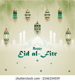 Islamic greetings eid al-fitr card design with beautiful lanterns decoration
