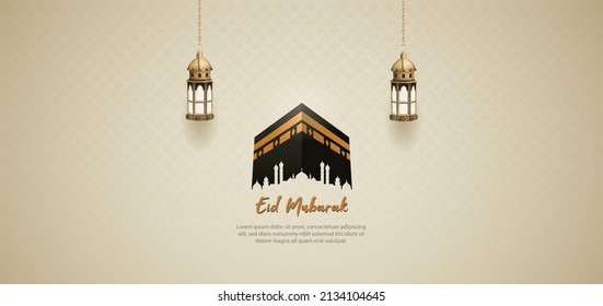 Islamic greetings eid mubarak background design with beautiful holy kaaba and lanterns