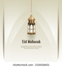 Islamic greetings eid mubarak card design with lantern