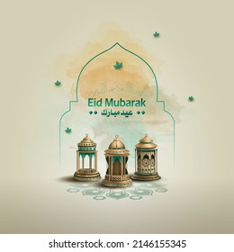 Islamic greetings eid mubarak card design with three lantern