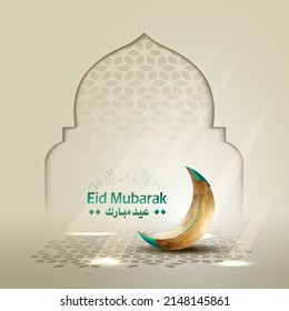 Saludos islámicos diseño de la tarjeta eid mubarak con luna creciente 