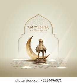 islamic greetings eid mubarak card design with lanterns and crescent moon