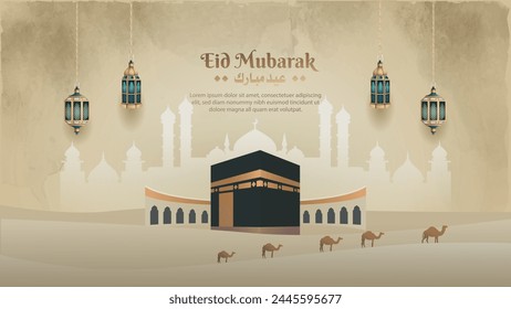 islamic greetings eid mubarak card design with beautiful holy kaaba and lanterns