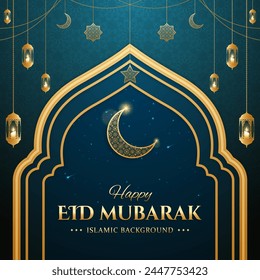 Islamic greetings eid mubarak card design with crescent and candle lanterns