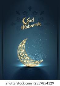 Islamic greetings eid mubarak card design with beautiful crescent moon