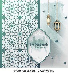 Saludos islámicos Eid Mubarak diseño de tarjeta con fondo decorativo y dos linternas 