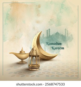 islamic greetings ramadan card design with golden crescent moon and lanterns