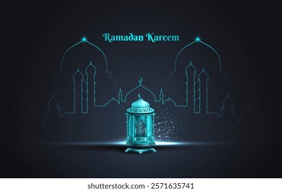 islamic greetings ramadan card design with beautiful blue lanterns