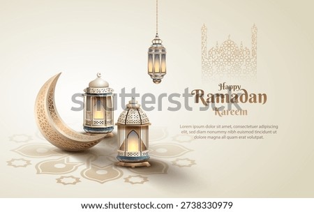 islamic greetings ramadan card design with silver crescent moon ornament and  lantern decoration