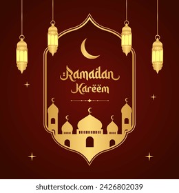 Islamic greetings Ramadan Kareem background design with golden frame, mosque, and lanterns. Ramadan template poster for social media post